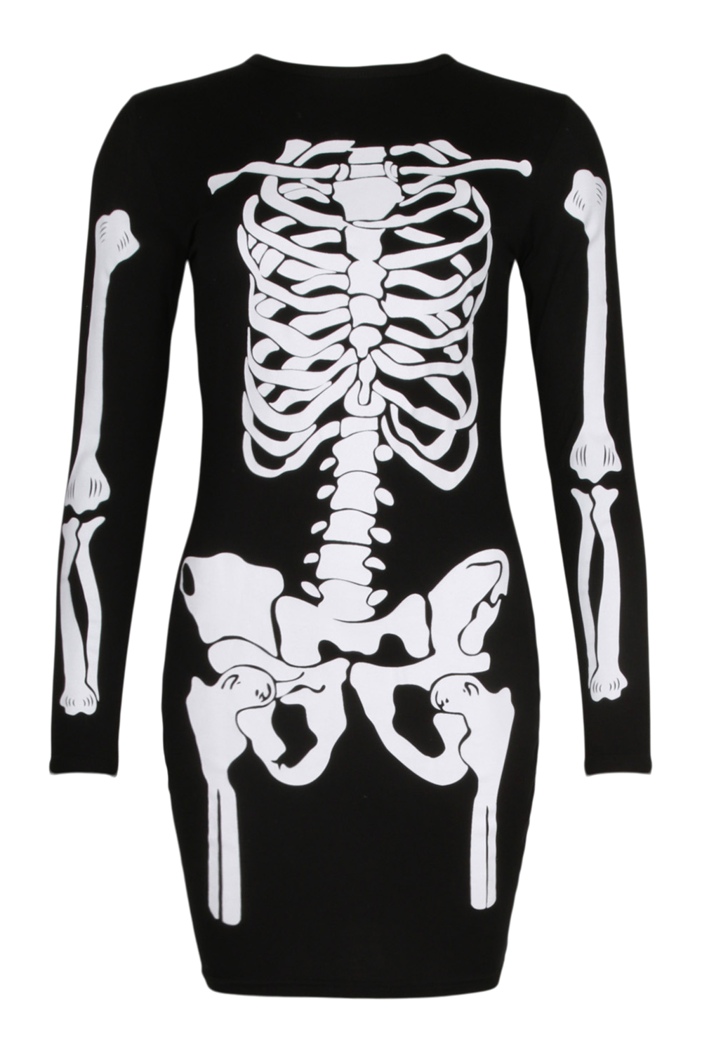 Ladies Womens Halloween Black Skeleton Skull Bones Midi Tunic Bodycon Dress 